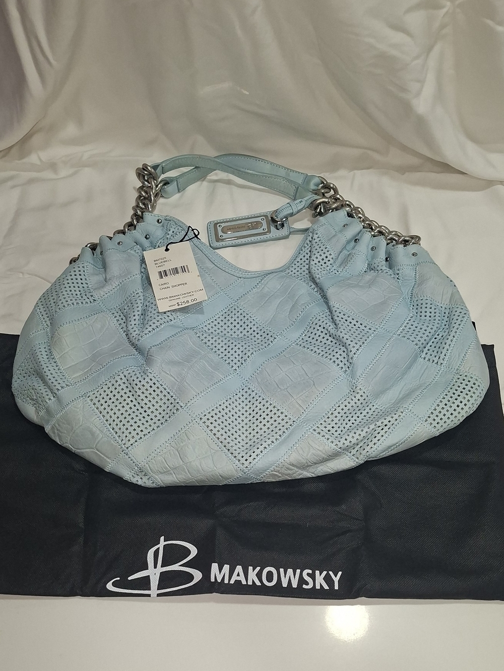 b. makowsky Powder Blue Quilted Patchwork Shoulder Bag with Chain Handles Y2k